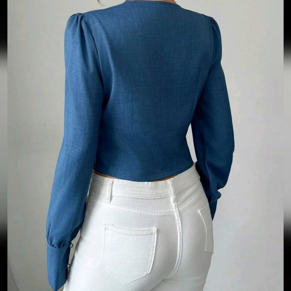 Pleated Pearl Button V-Neck Elegant Waist Shirt - Picture 2 of 4